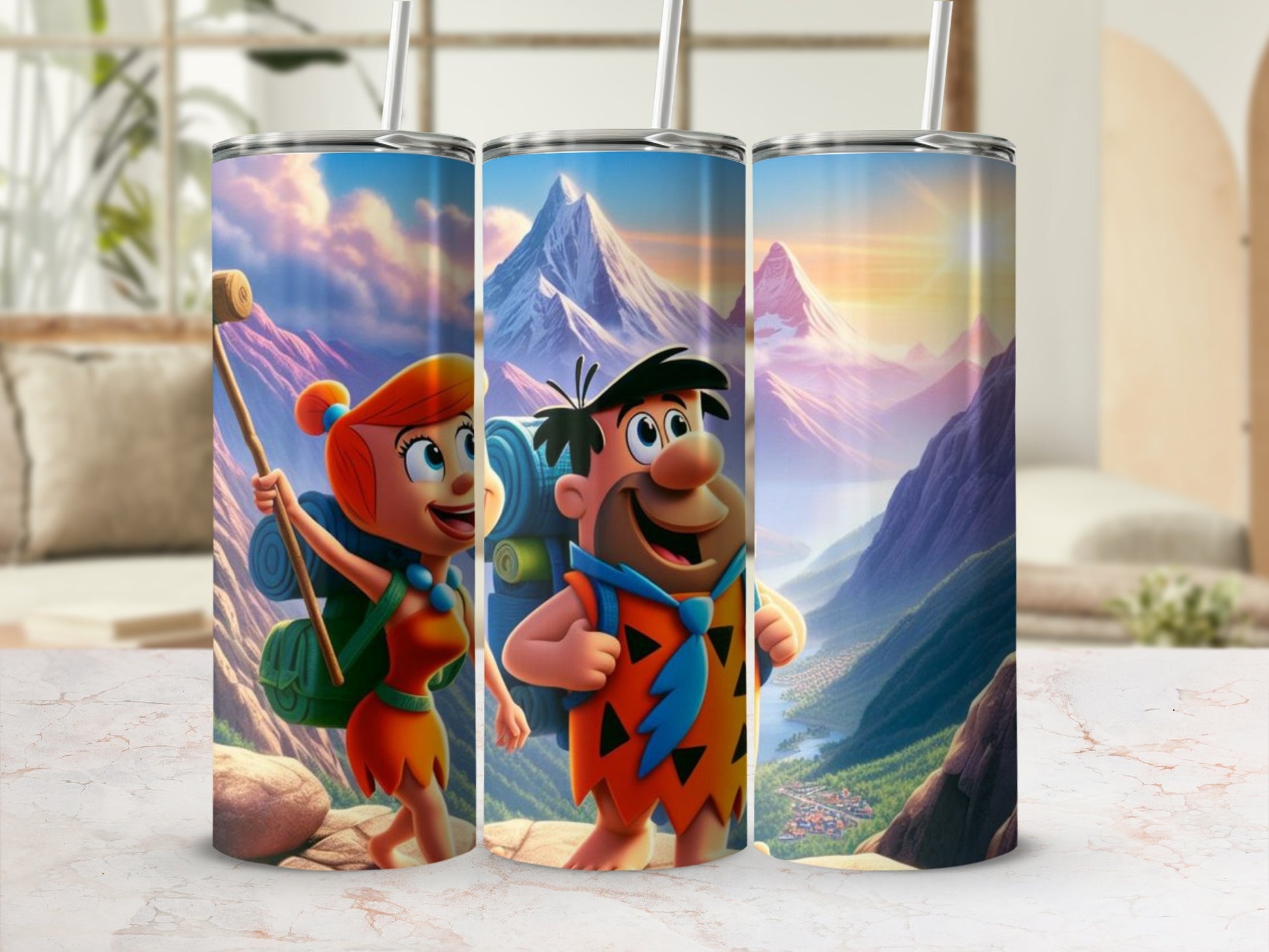 Colorful Adventure Scene Tumbler with Cartoon Characters
