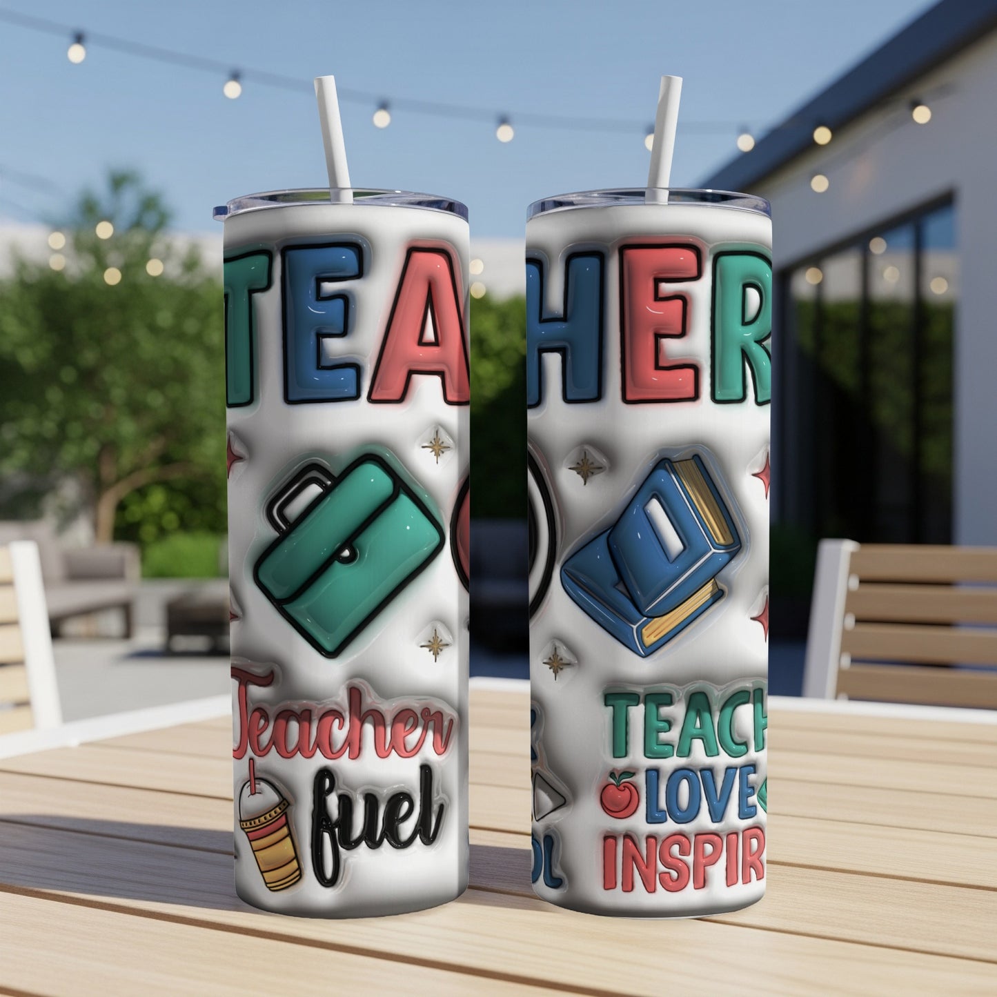 Two tumblers with "Teacher" text and school icons like a briefcase and book.