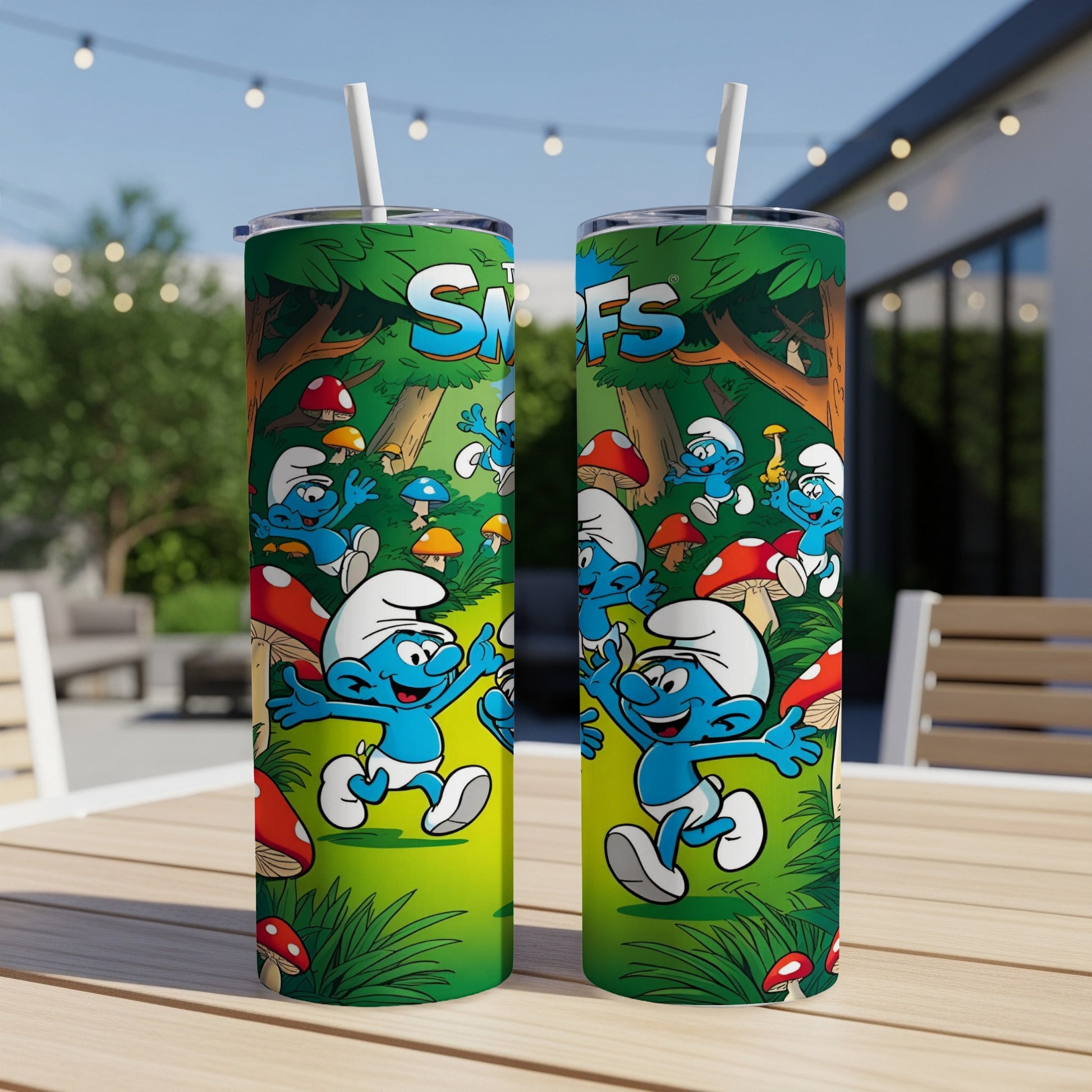 Smurfs on a green background with mushrooms and trees.
