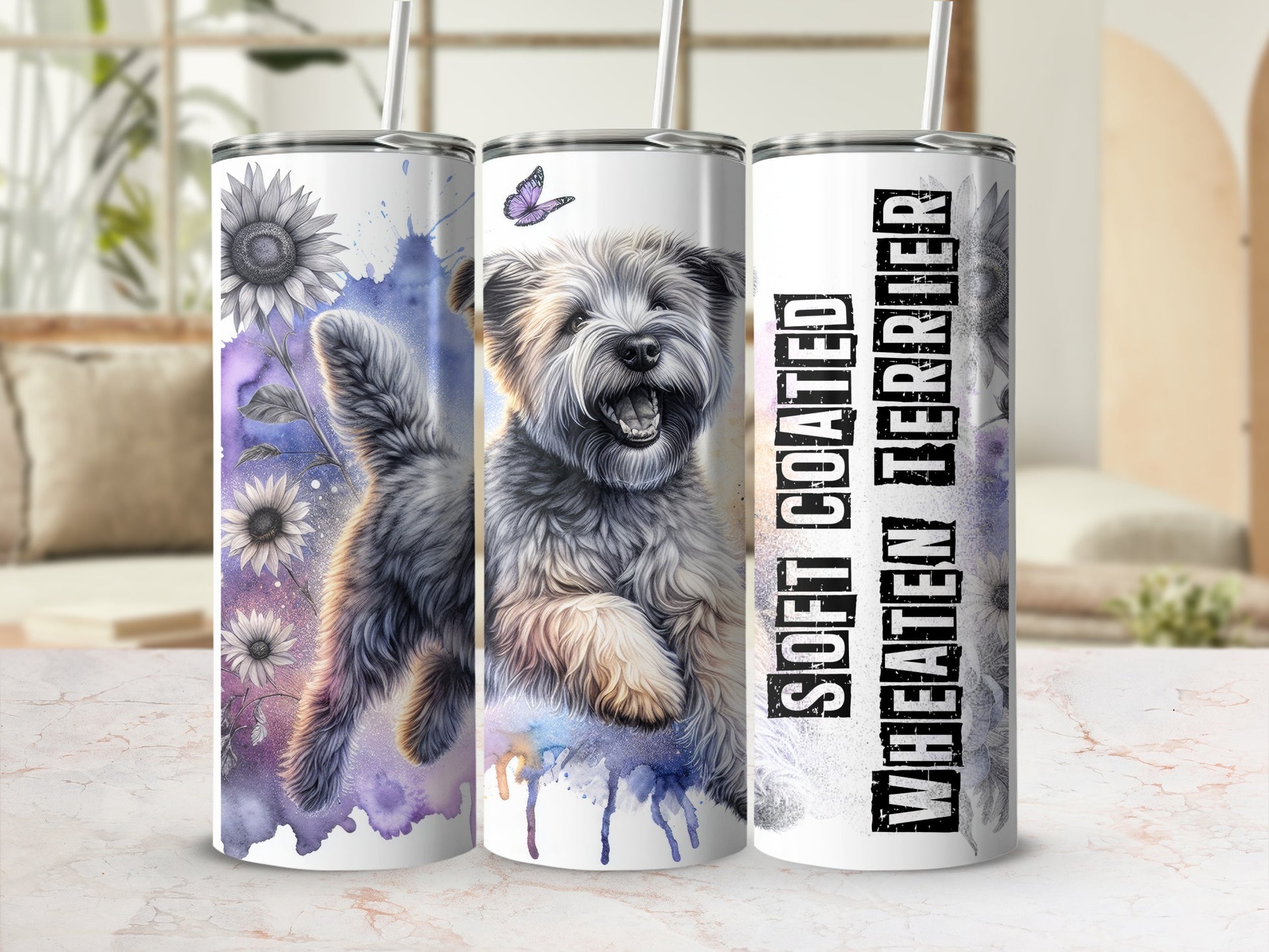 Wheaten Terrier tumbler with sunflowers and watercolor splashes.
