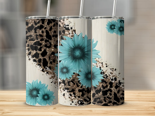 Three skinny tumblers with turquoise flowers and leopard print.