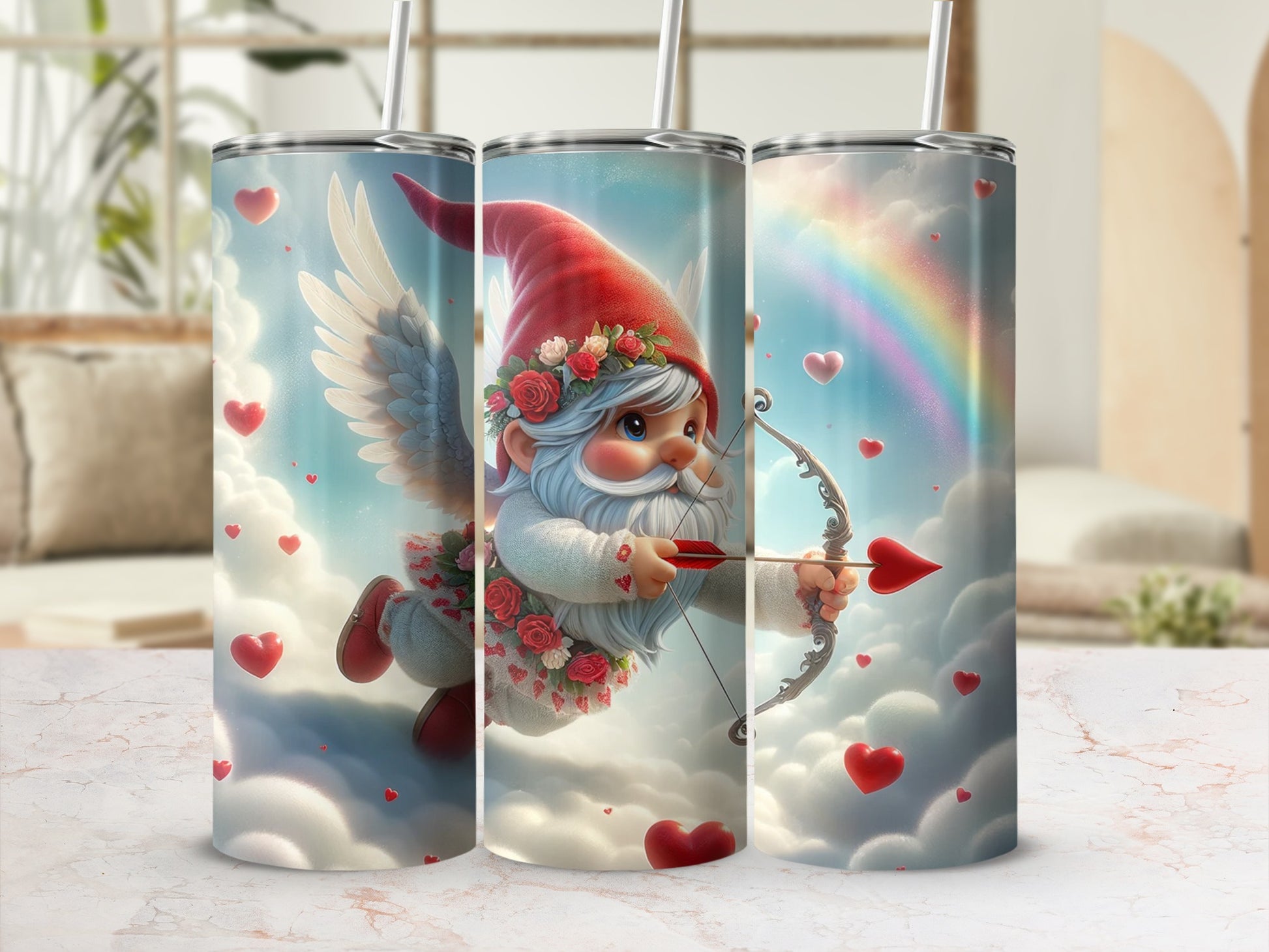 Cupid Gnome with Heart Bow Rainbow Tumbler Cup