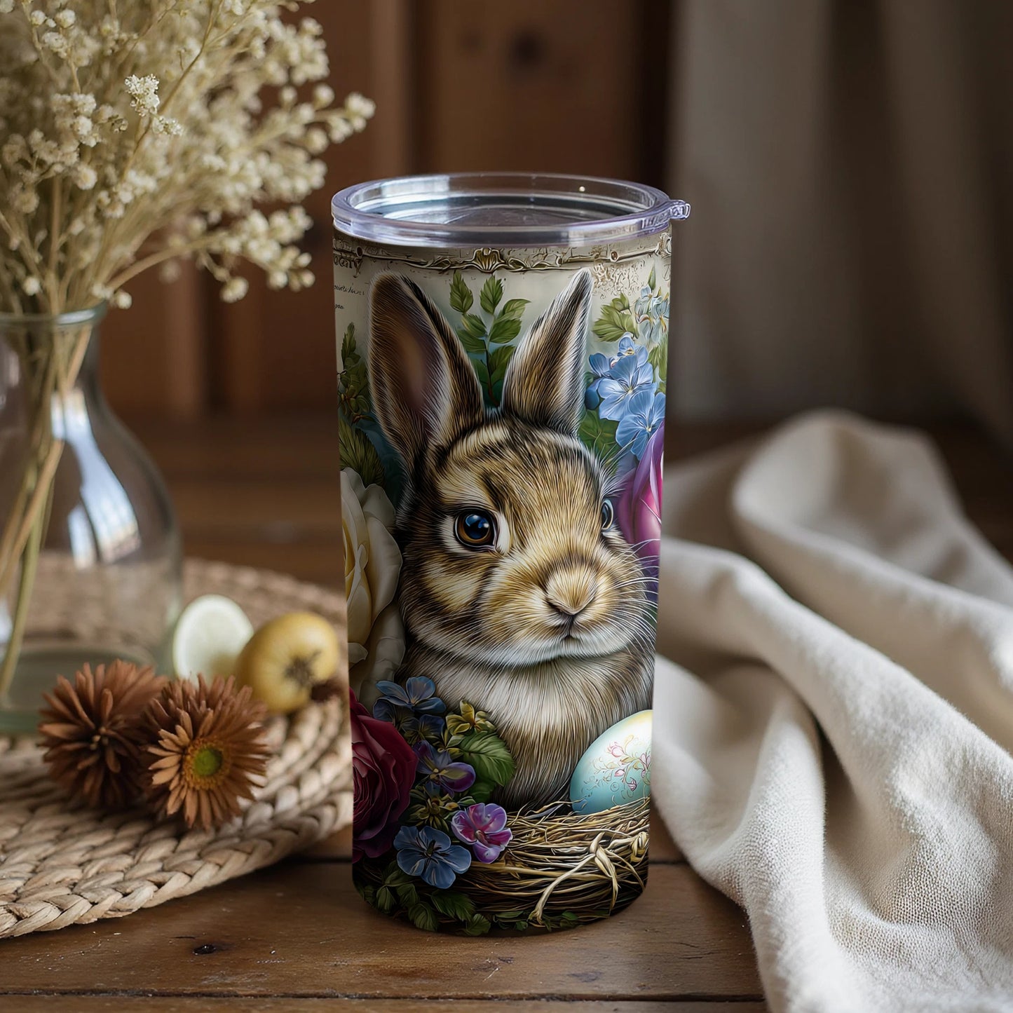 Cute Bunny Floral Artwork Tumbler for Beverages