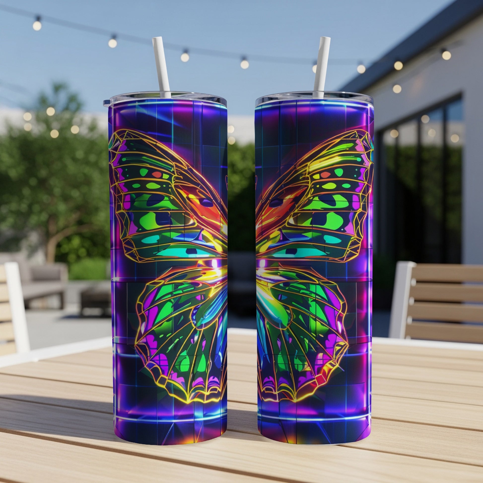 Two colorful butterfly tumblers with glowing neon grid background.