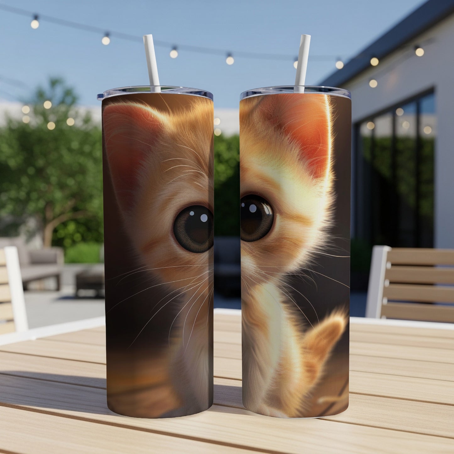 Two tumblers with a close-up of a cute, wide-eyed orange kitten.
