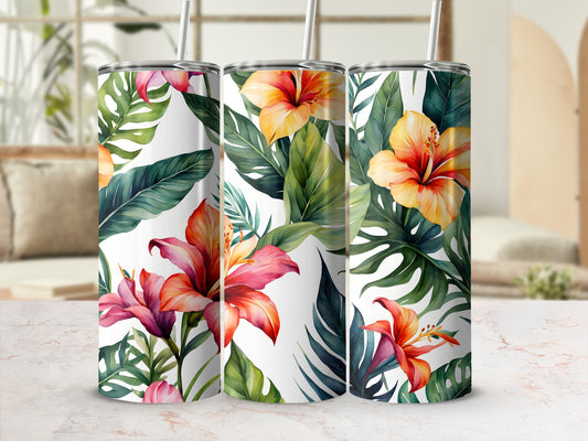 Three tumblers featuring vibrant hibiscus flowers and tropical leaves.