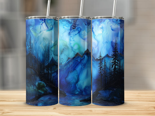 Three tumblers with a blue, abstract mountain forest scene.
