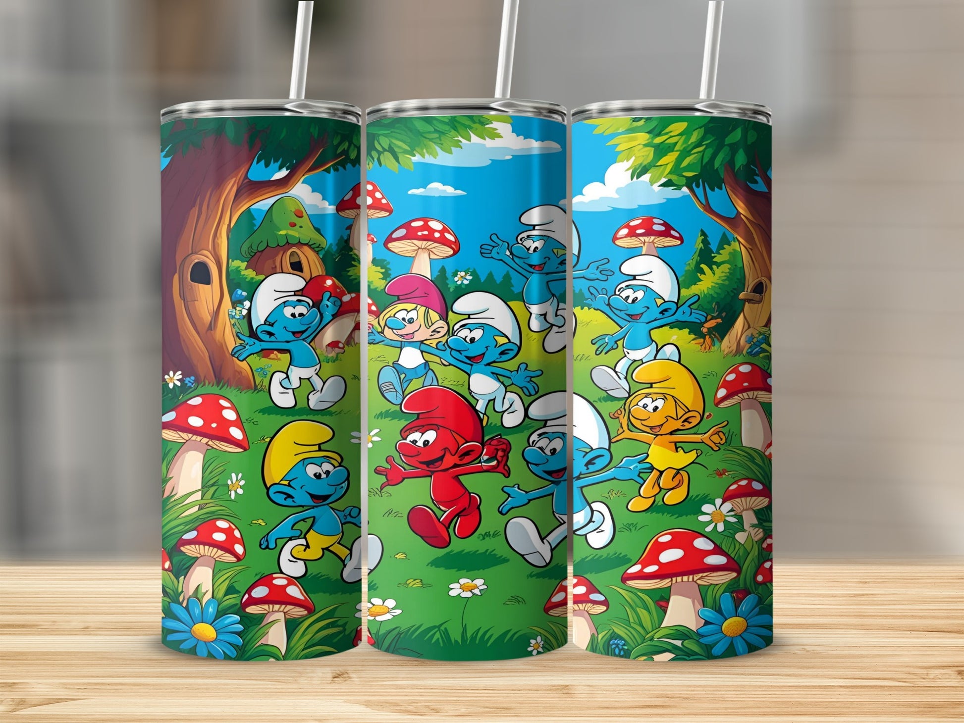 Smurfs characters celebrating in a forest clearing with mushrooms and flowers.