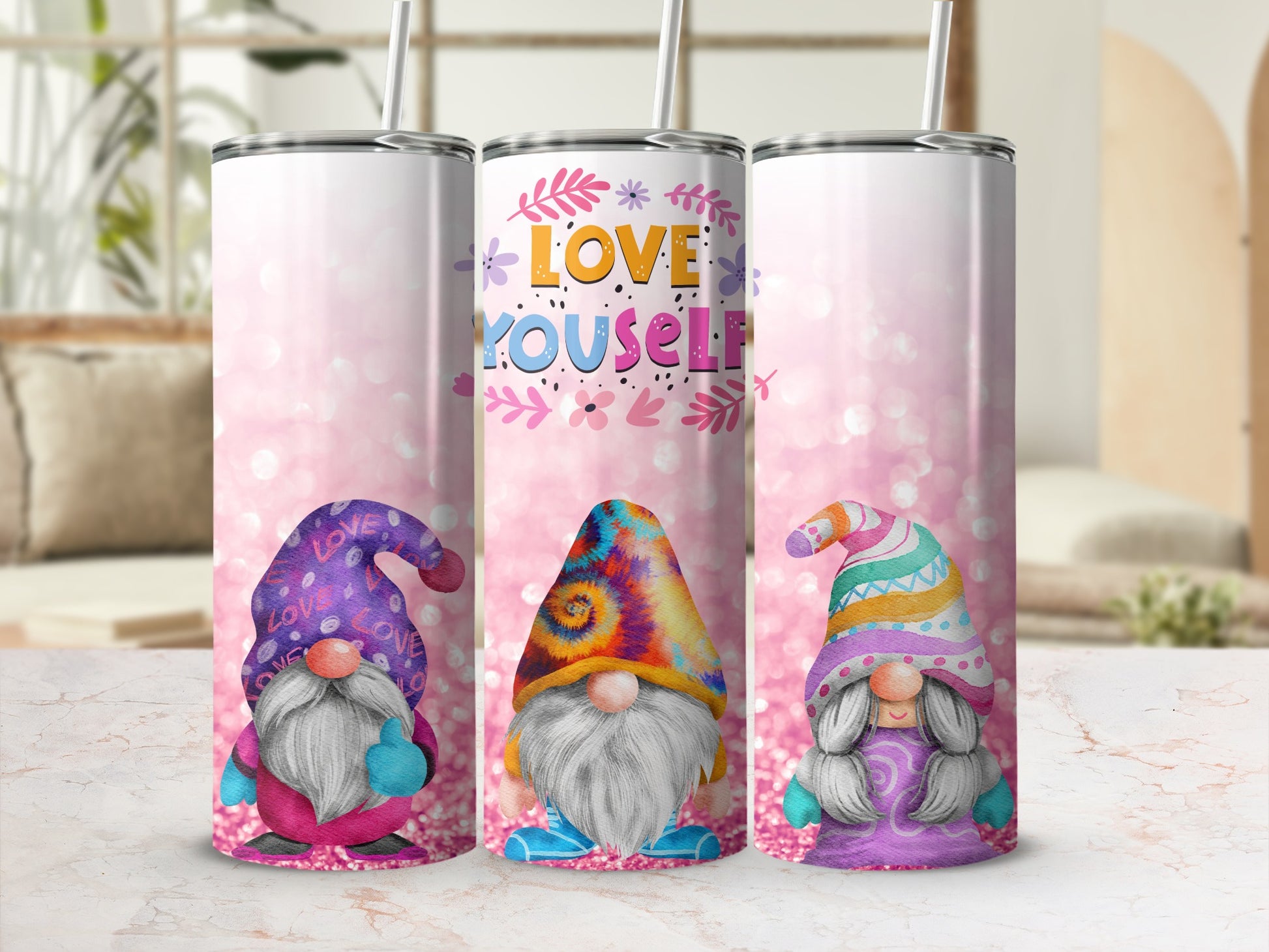 Love Yourself Gnome Print Tumbler with Straw