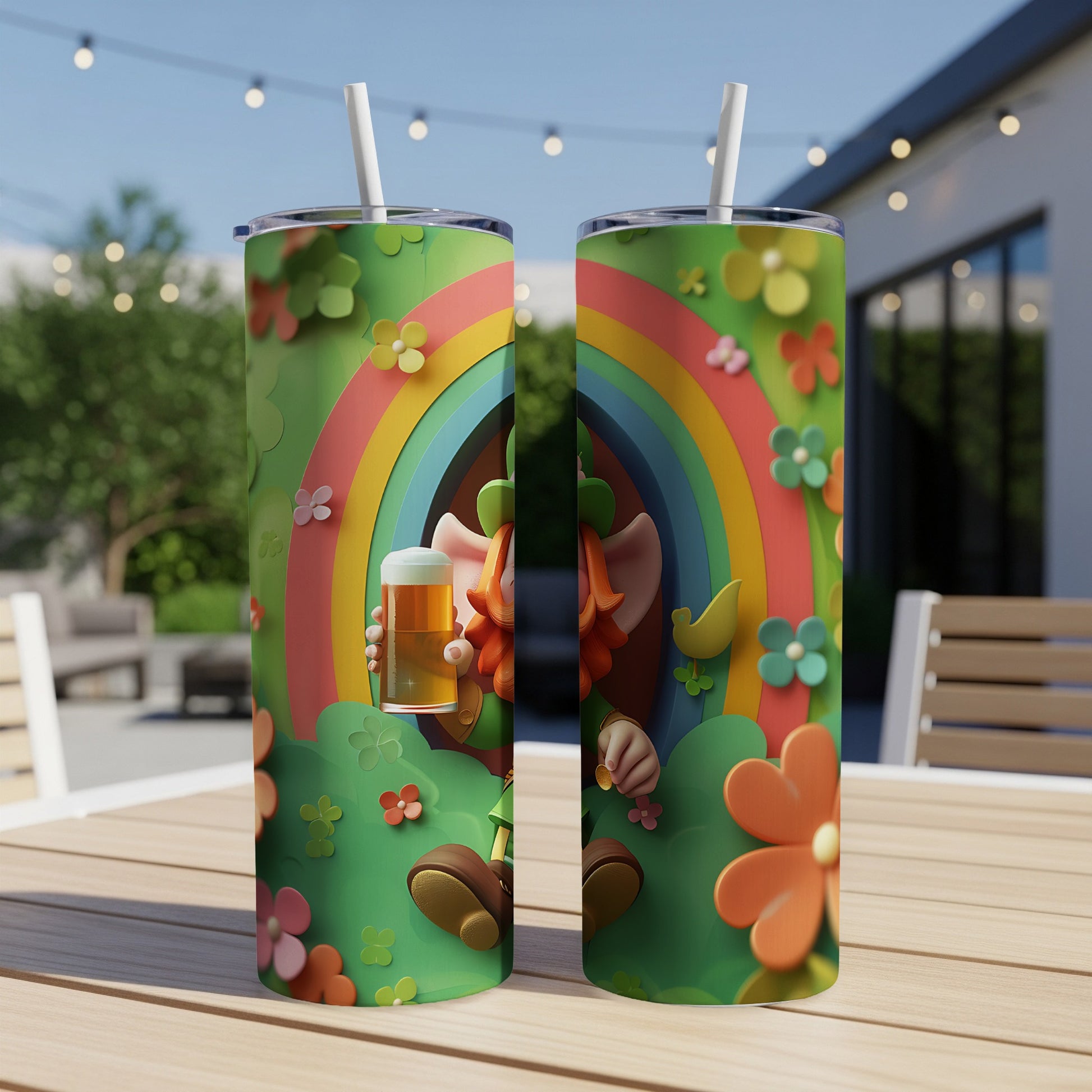 Leprechaun holding beer with rainbow and flowers on a tumbler.