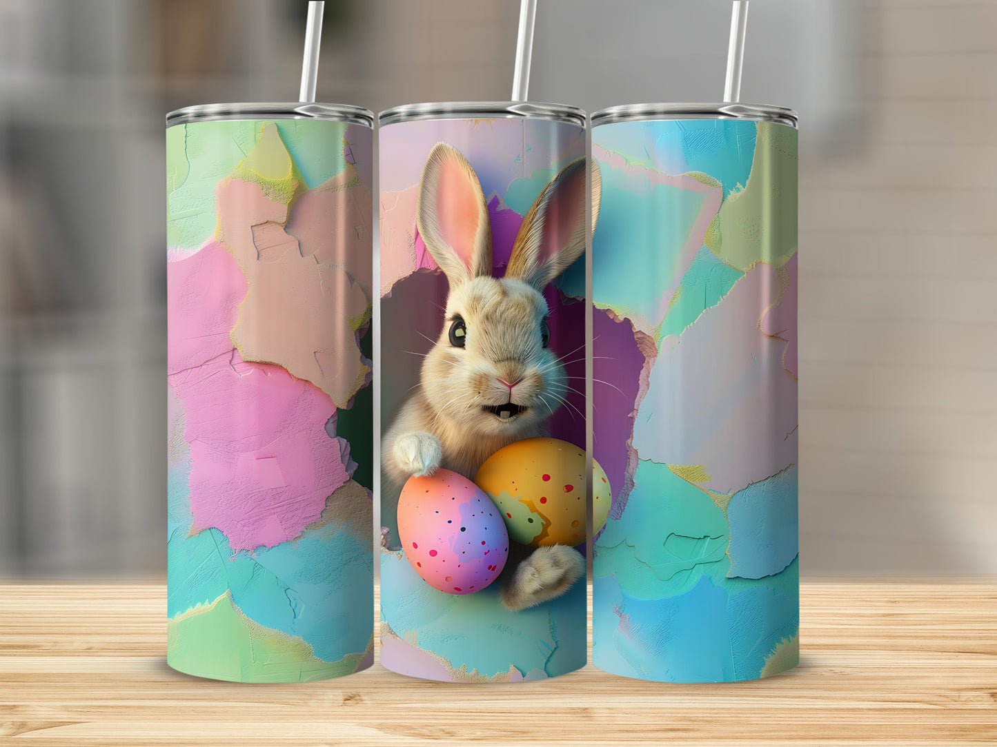 Easter bunny holding colorful eggs against abstract colorful background.
