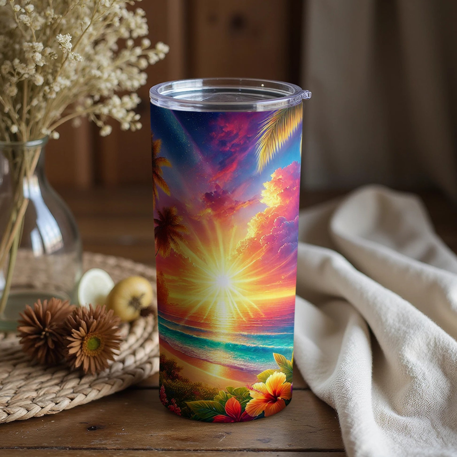 Colorful Tropical Sunset Beach Scene Tumbler