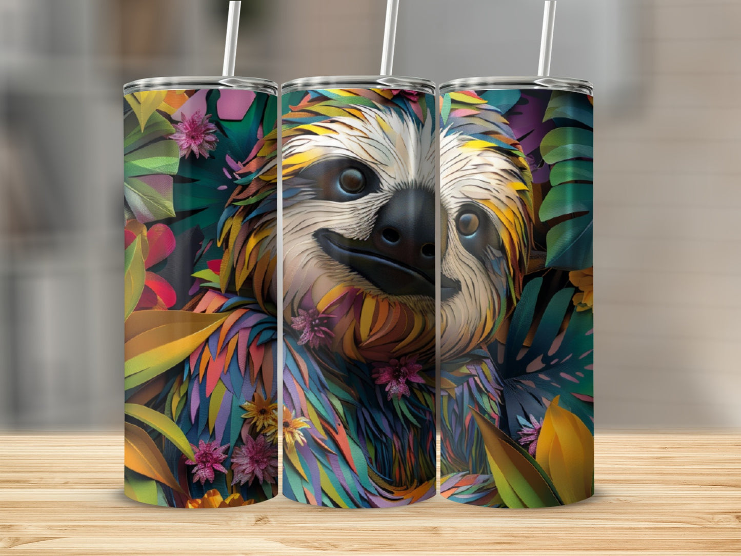 Colorful sloth surrounded by vibrant tropical leaves on three tumblers.