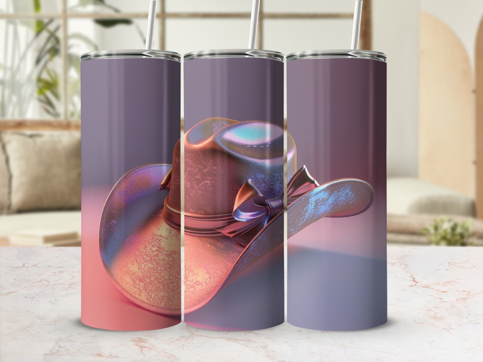 Three metallic cowboy hats with iridescent sheen displayed on a marble surface.