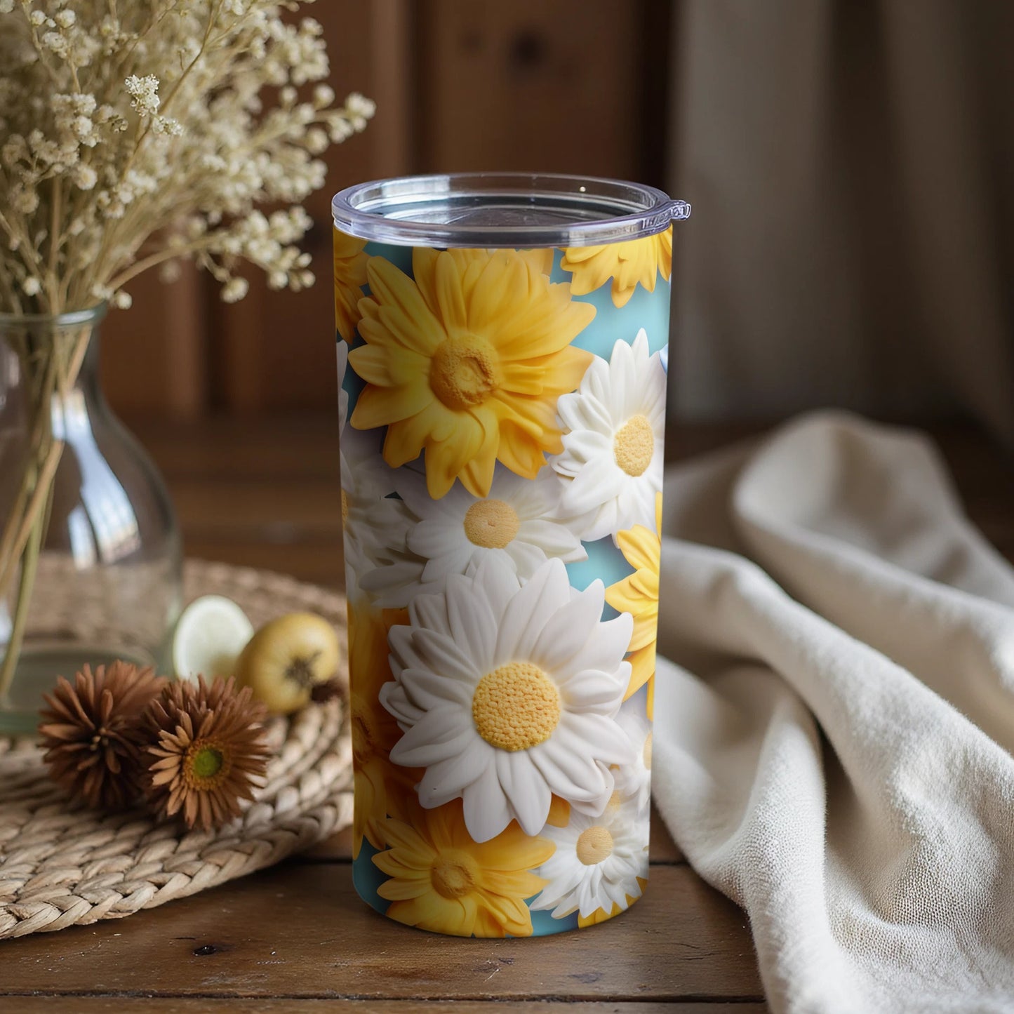 Bright Yellow and White Daisy Floral Tumbler