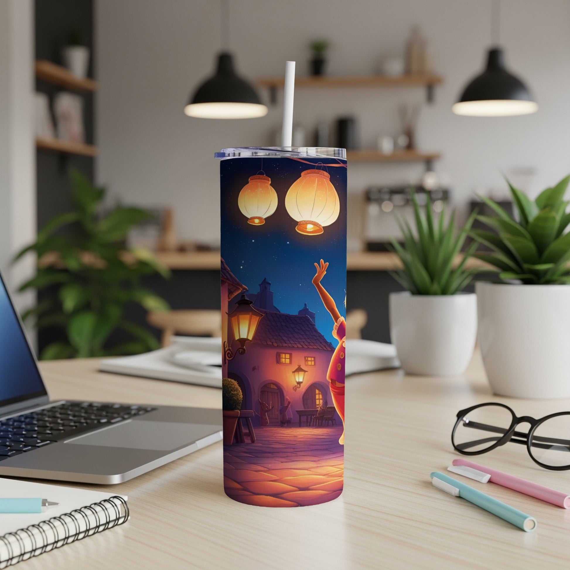 Tumbler with cartoon girl and lanterns on a cobblestone street at night.