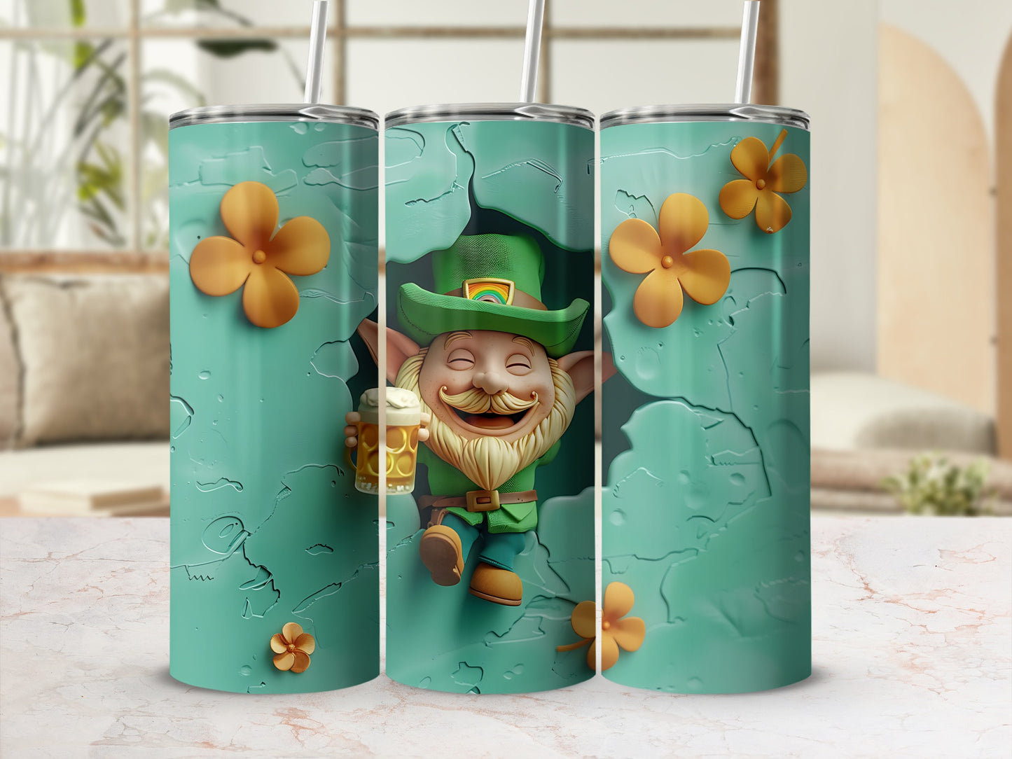 St. Patrick's Day tumbler with cheerful leprechaun holding a beer.