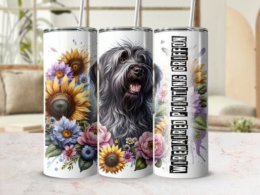 Wirehaired Pointing Griffon design on three tumblers with sunflowers and floral accents.