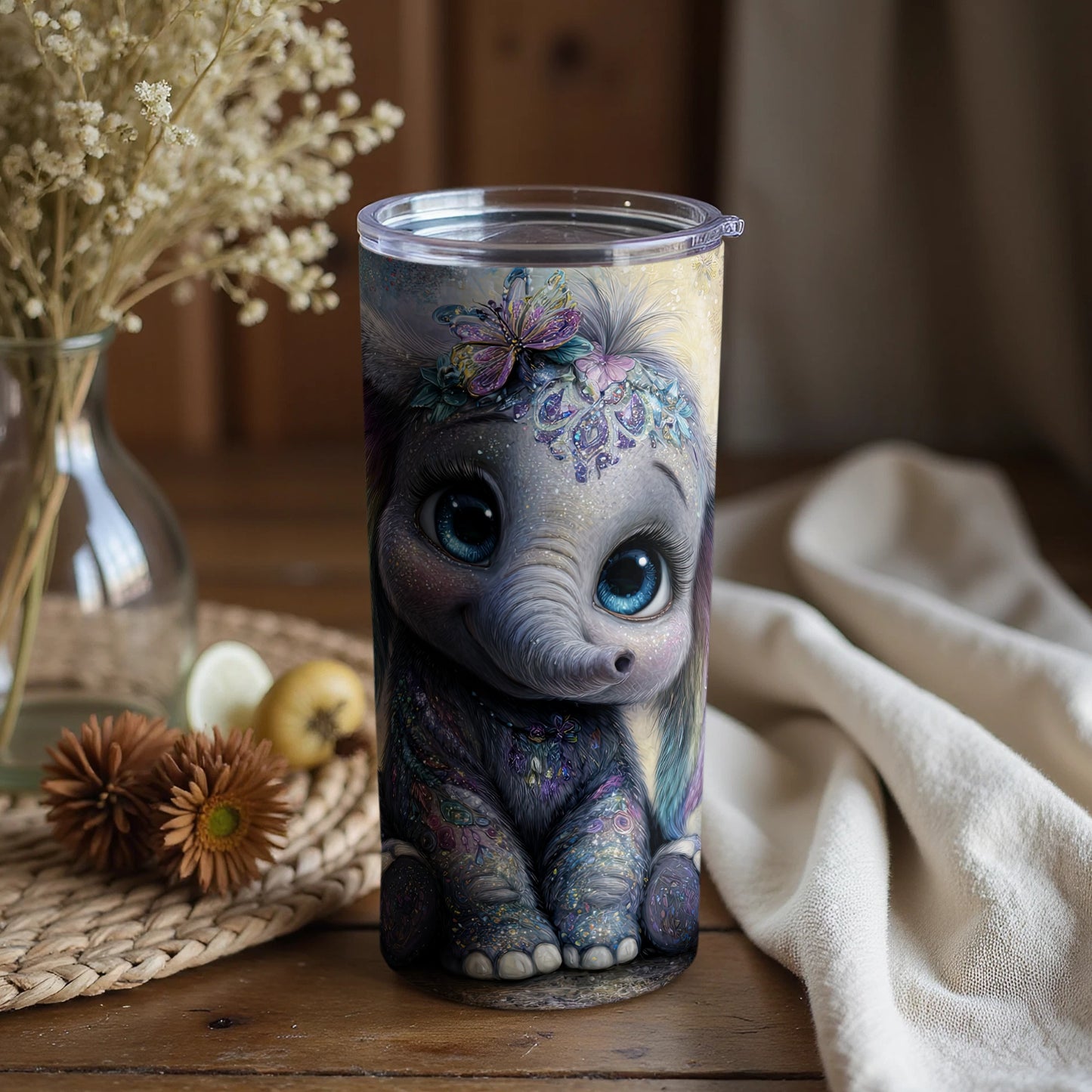Adorable Elephant with Butterfly Decorated Drinkware