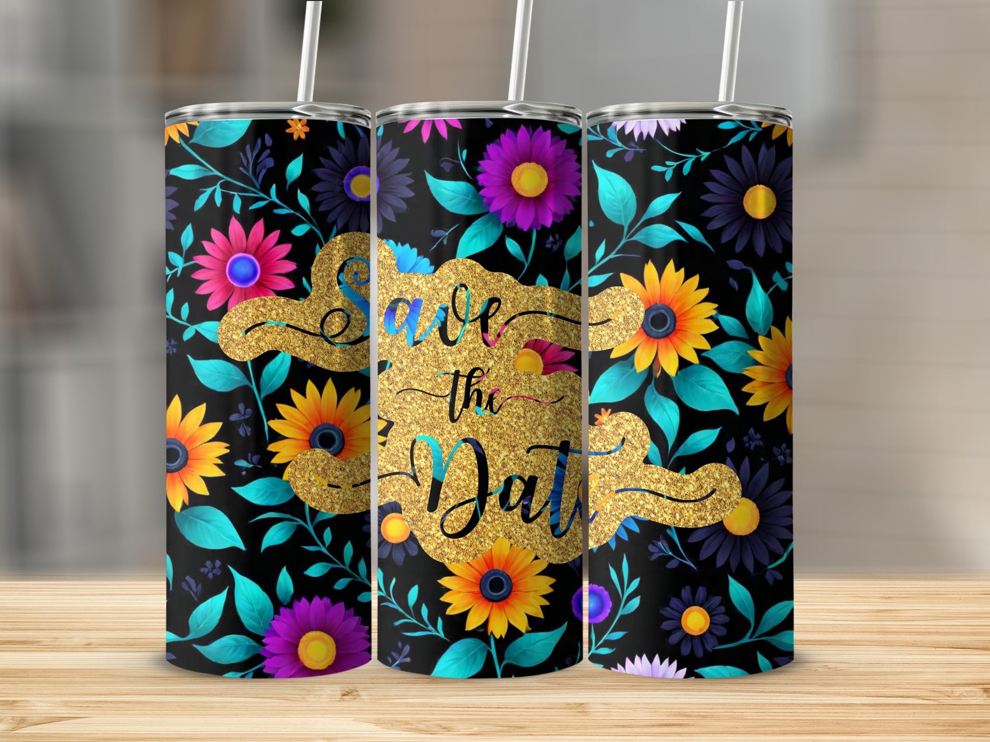 Black tumbler with floral pattern and gold "Save the Date" text.