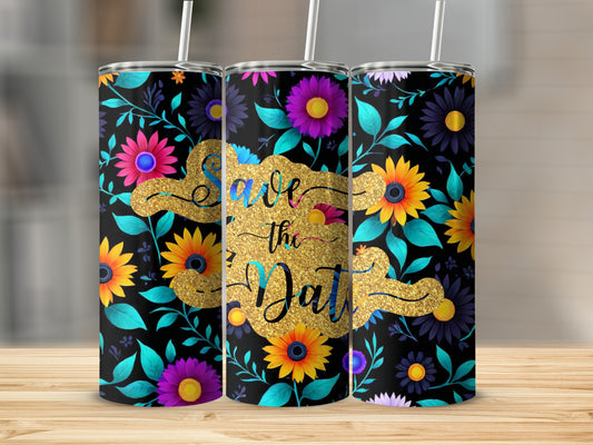 Black tumbler with floral pattern and gold "Save the Date" text.