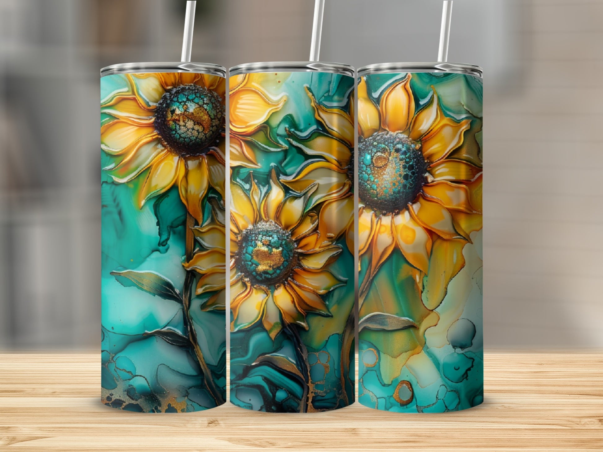 Three tumblers with a textured, painterly sunflower design.