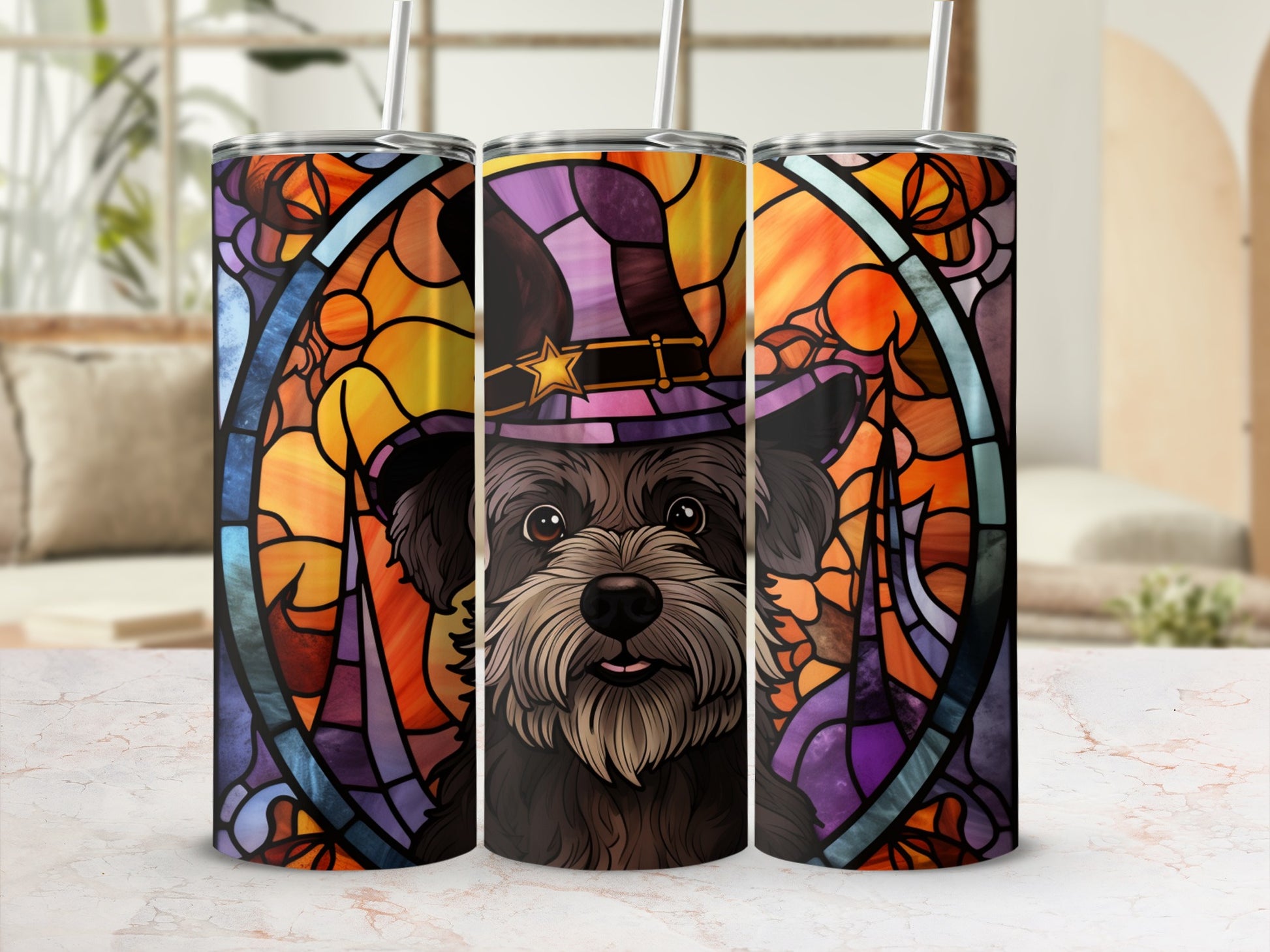 Three tumblers feature a stained glass design of a dog wearing a witch hat.