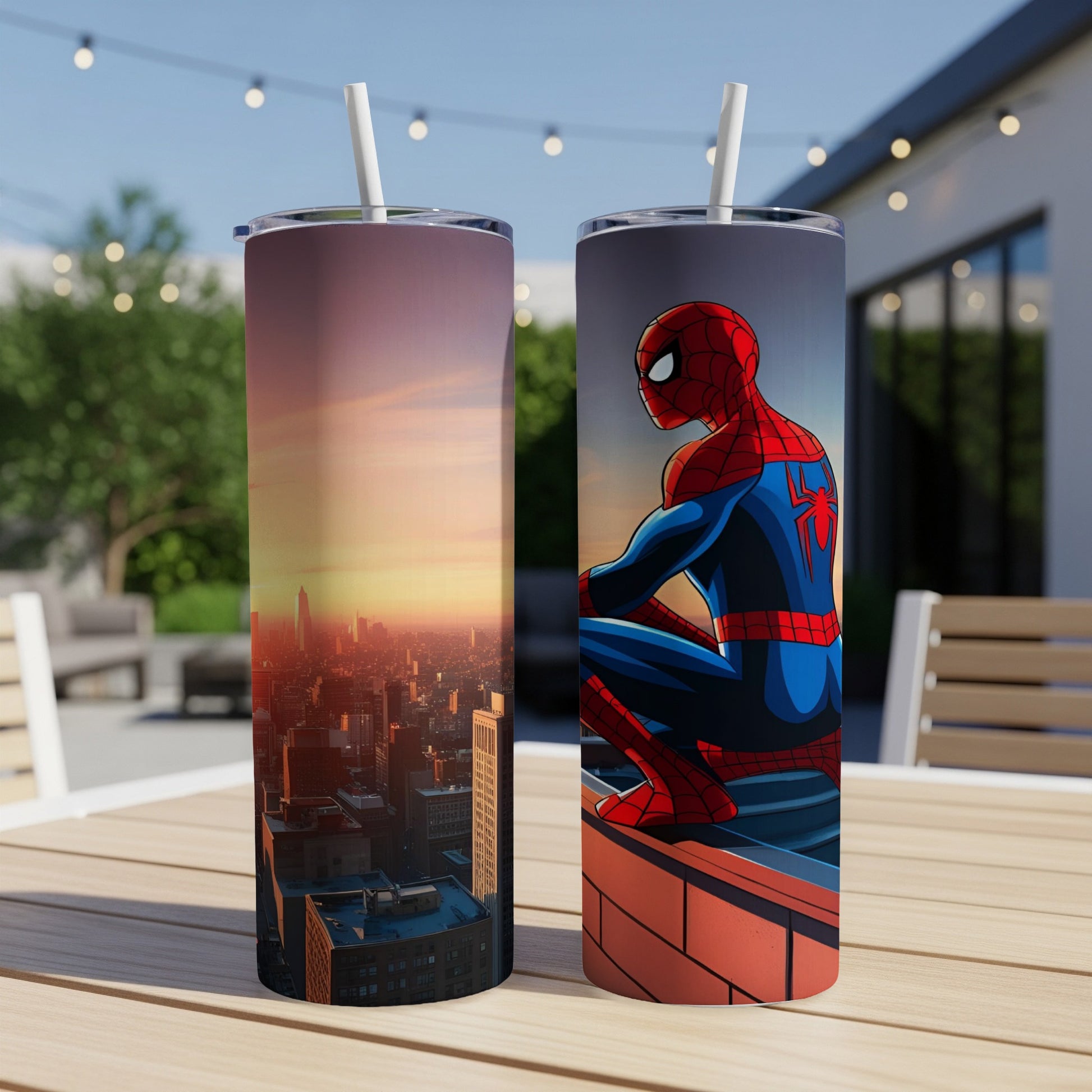 Spider-Man crouches on a rooftop overlooking a city sunset, on two tumblers.
