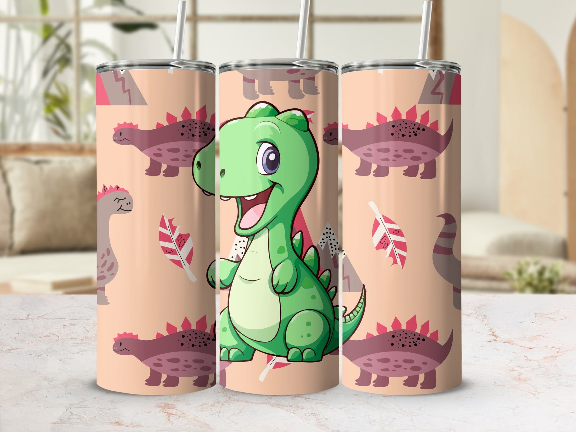 Cute Green Dinosaur and Pink Background Tumbler