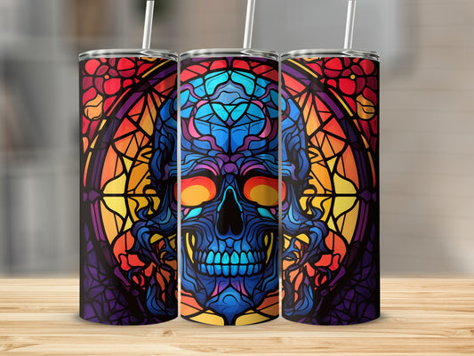 Three tumblers with a colorful stained-glass skull design.