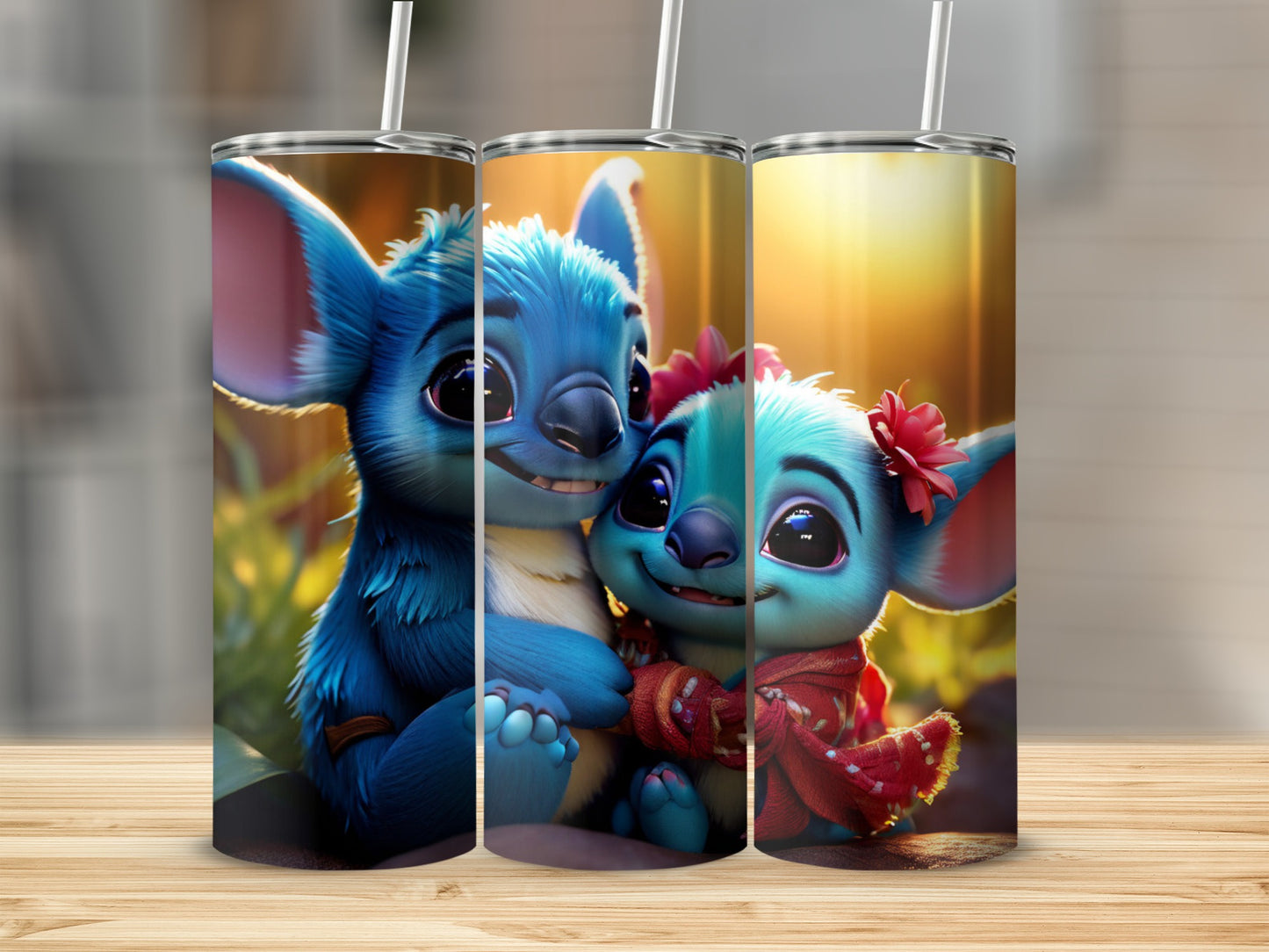 Blue Stitch characters hugging, one wearing a red scarf with flower.