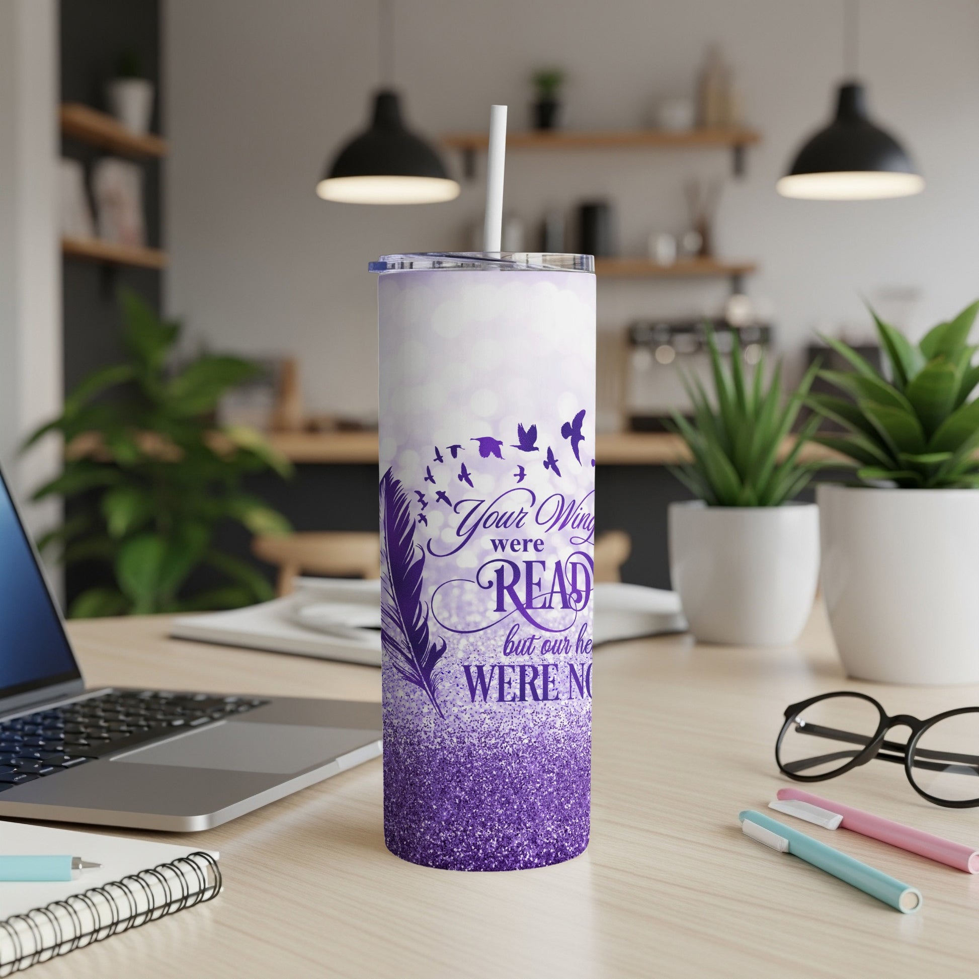 Purple glitter tumbler with feather and bird memorial quote.