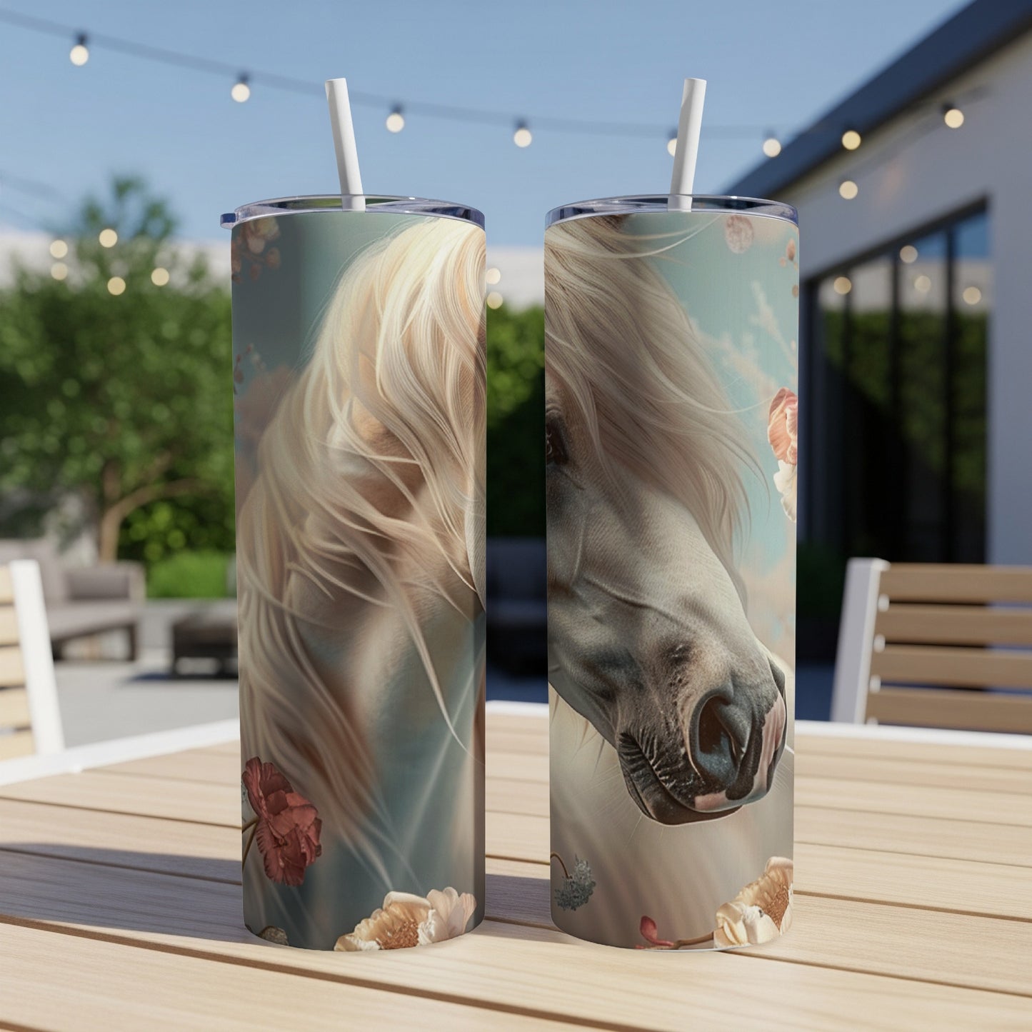 Two tumblers featuring a horse's head with flowing mane and floral accents.