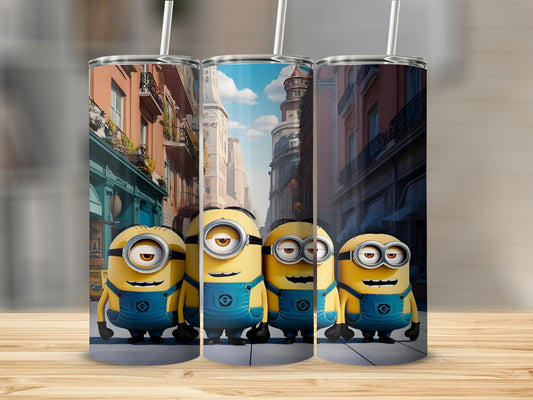 Four Minions stand on a city street with colorful buildings.
