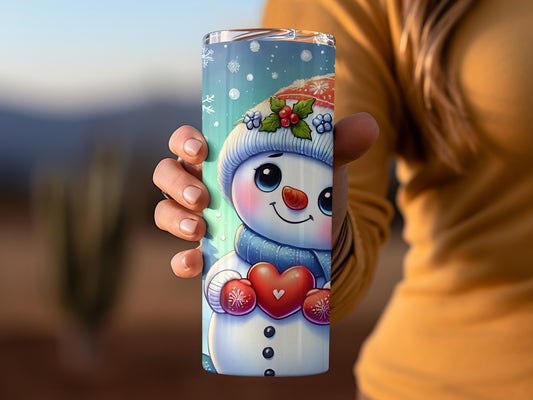 Cute Snowman Illustration with Heart Winter Tumbler