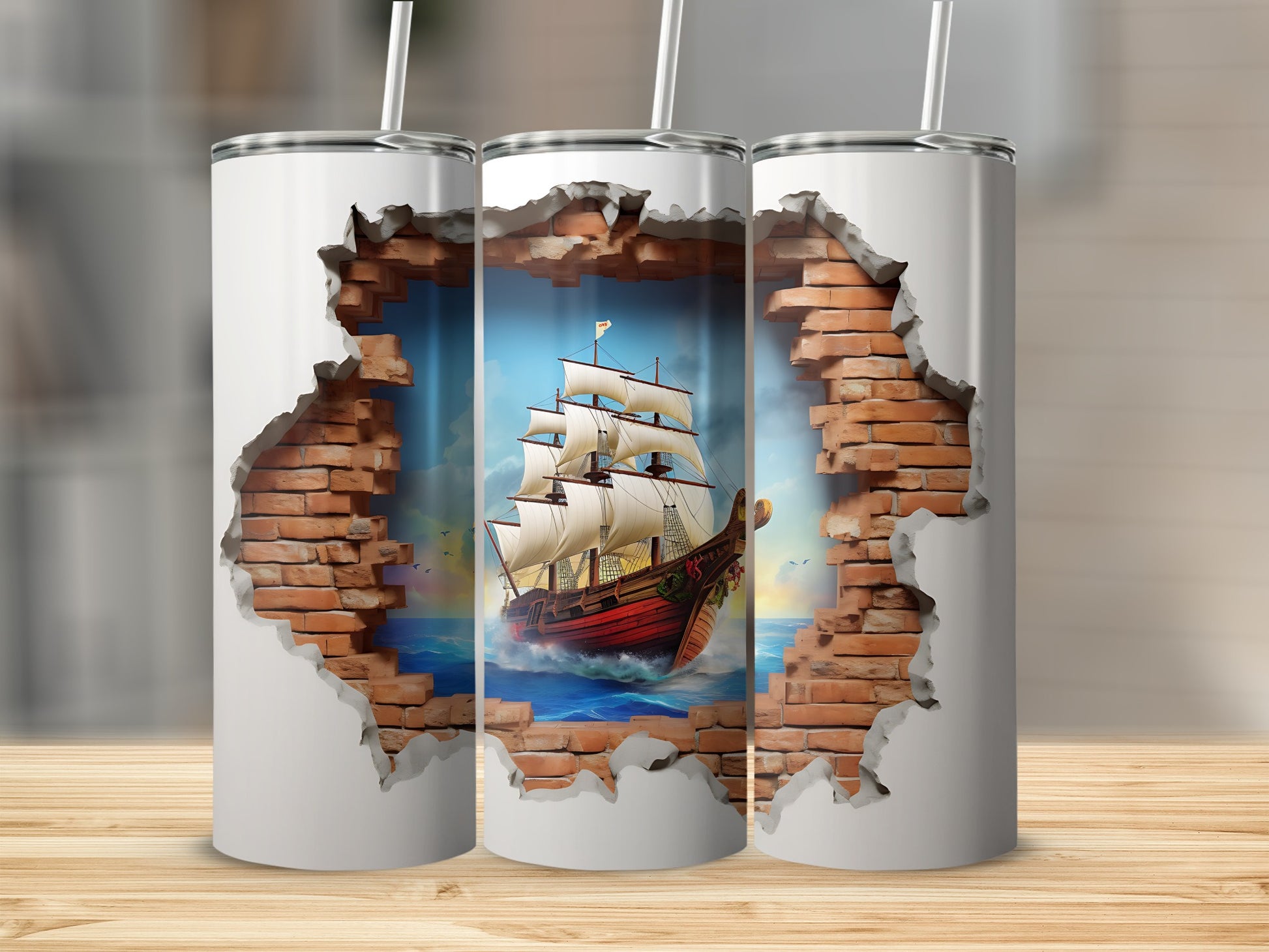 Sailing Ship Through Brick Wall Tumbler Design