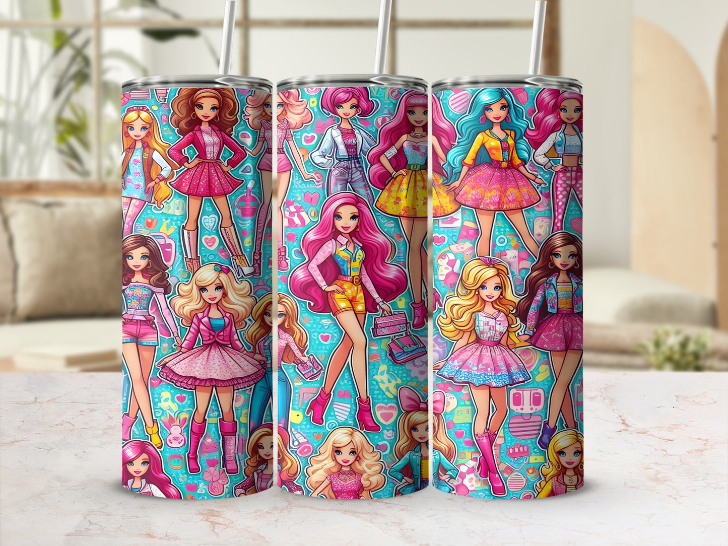 Three Barbie dolls in colorful outfits stand side-by-side on a patterned background.