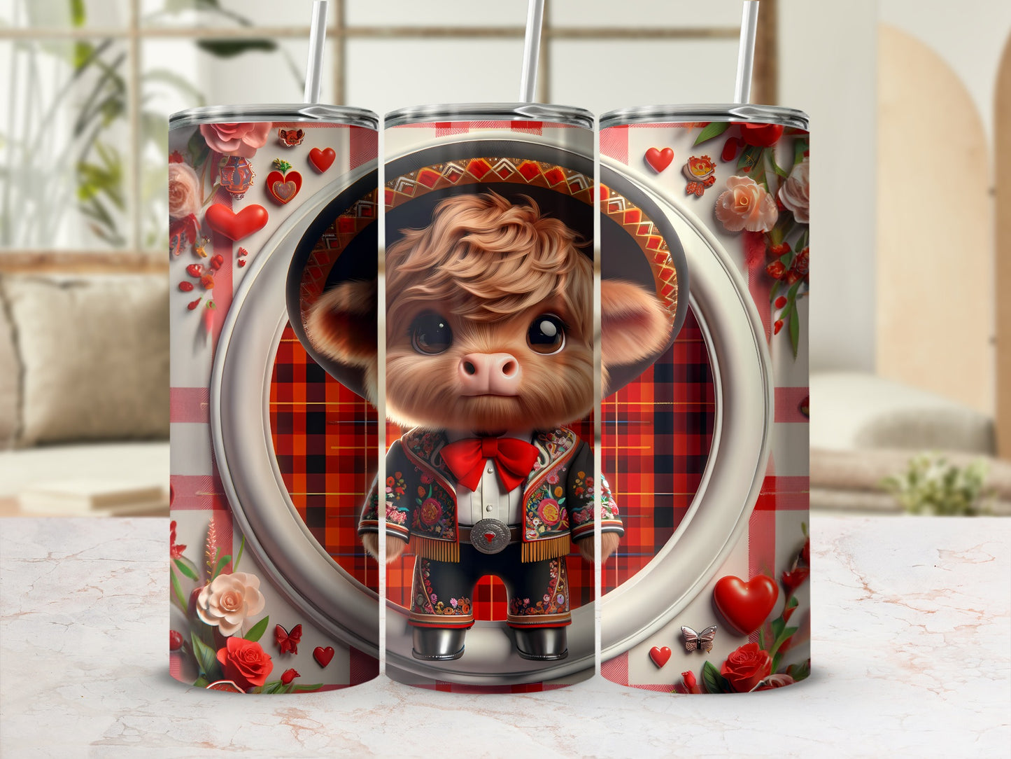 Cute cow wearing a sombrero and festive outfit, surrounded by hearts and roses.