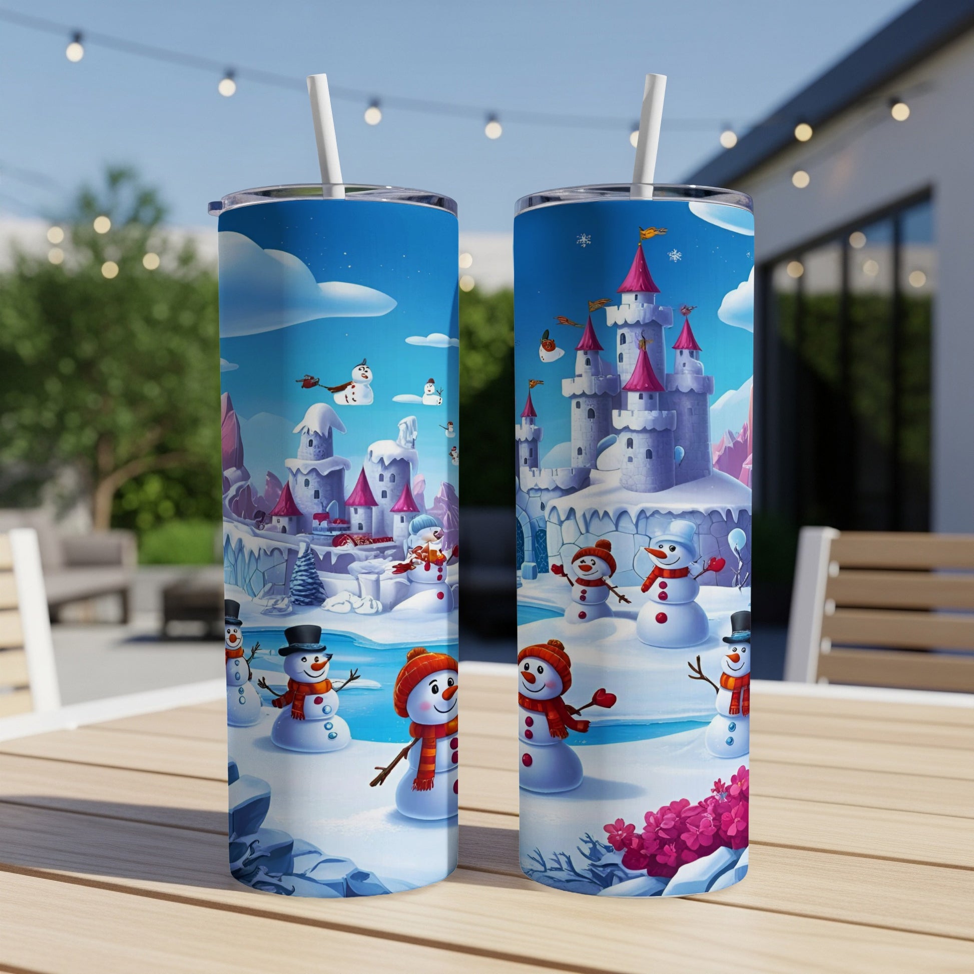 Two tumblers with a winter castle and snowman illustration.