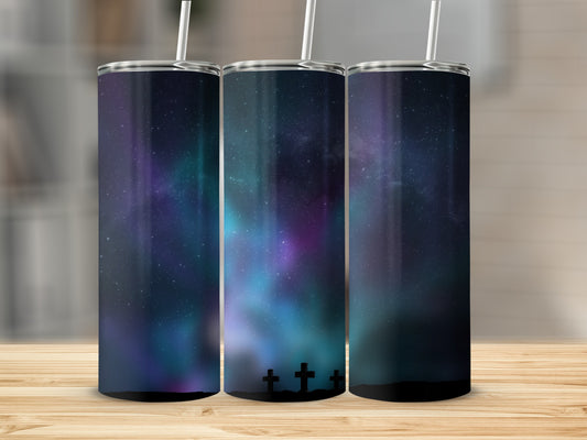 Starry Night Scene Tumbler with Cross Design
