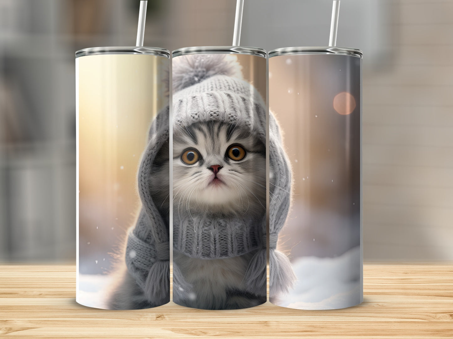 Kitten in a knitted hat and scarf, winter background.