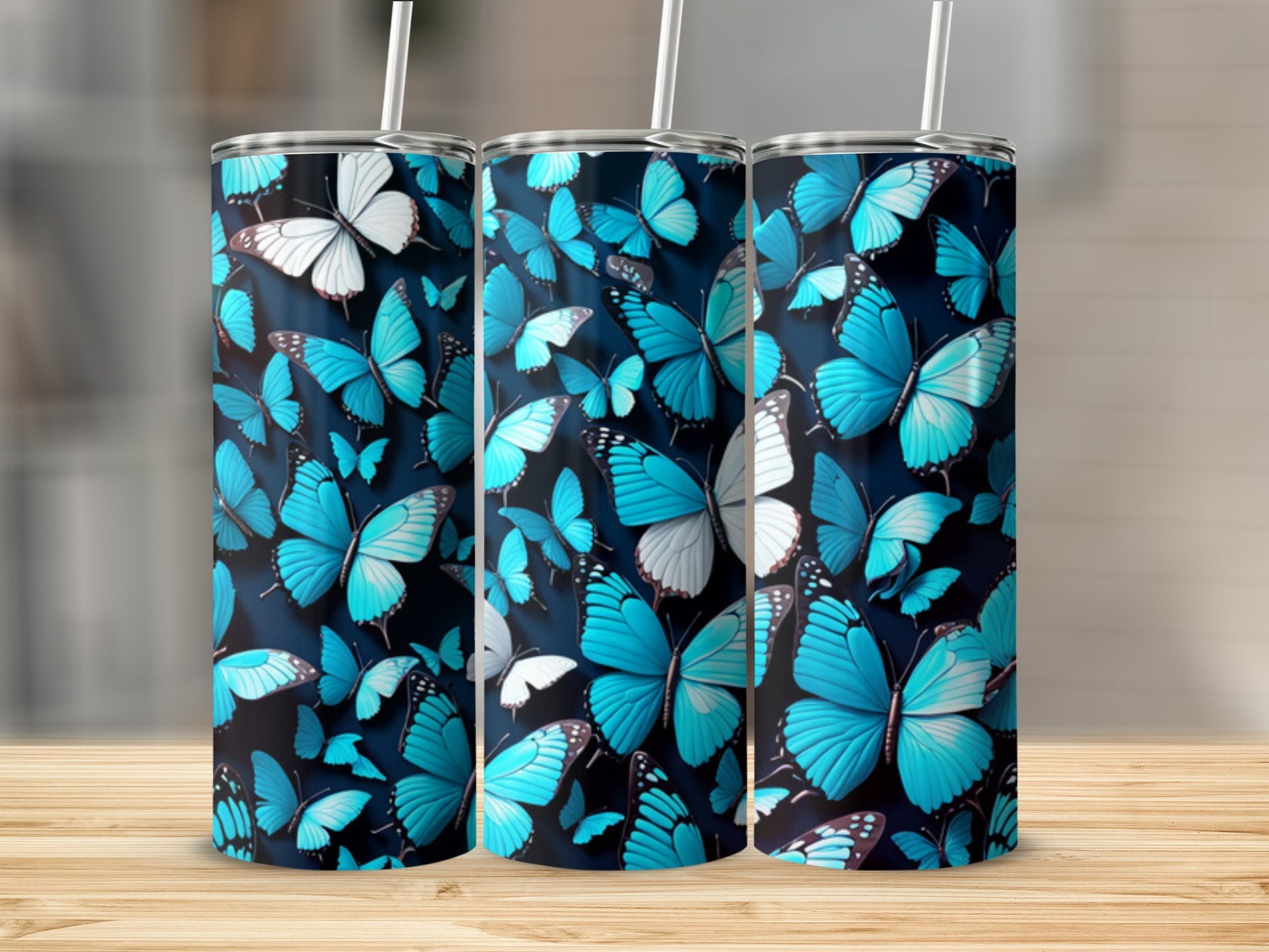 Collection of blue butterflies on a dark background, cylindrical tumbler.