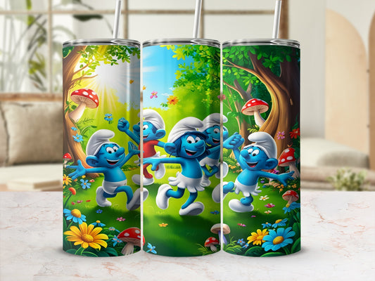 Smurfs dancing in a sunny meadow with mushrooms and flowers.