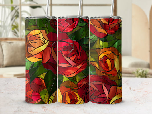 Three tumblers adorned with a stained-glass rose floral pattern.