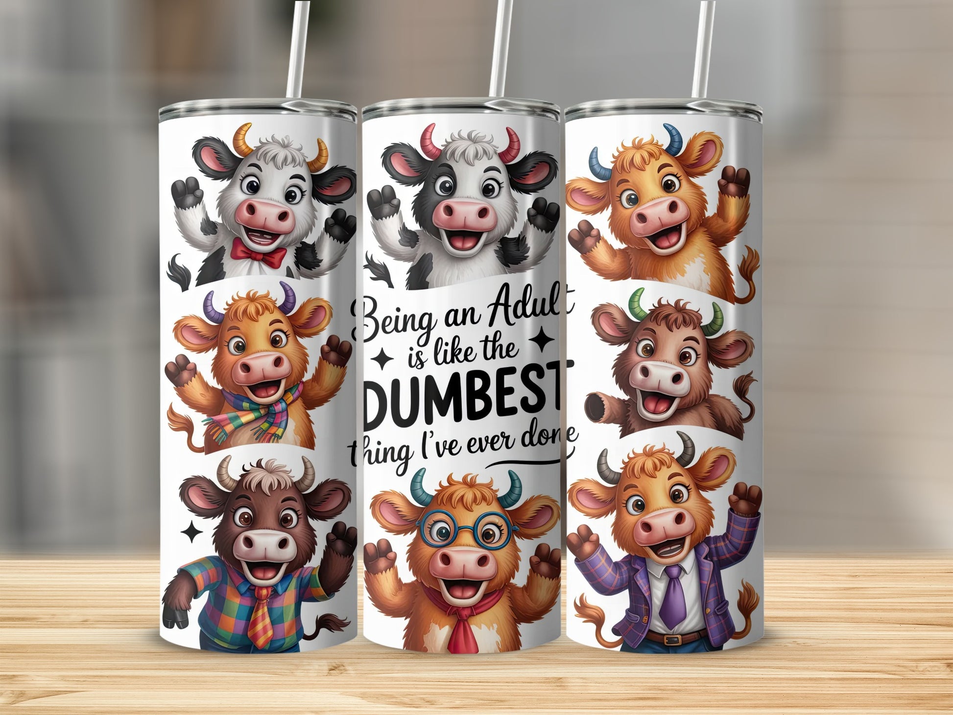 Three cartoon cows, one with text "Being an Adult is like the Dumbest thing I've ever done."