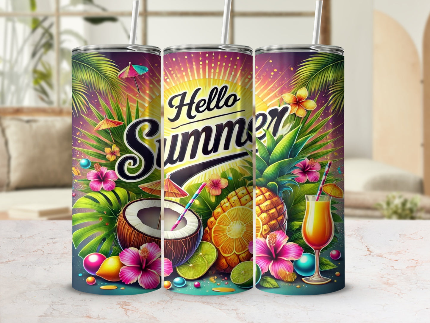 Vibrant Hello Summer Tropical Themed Tumbler