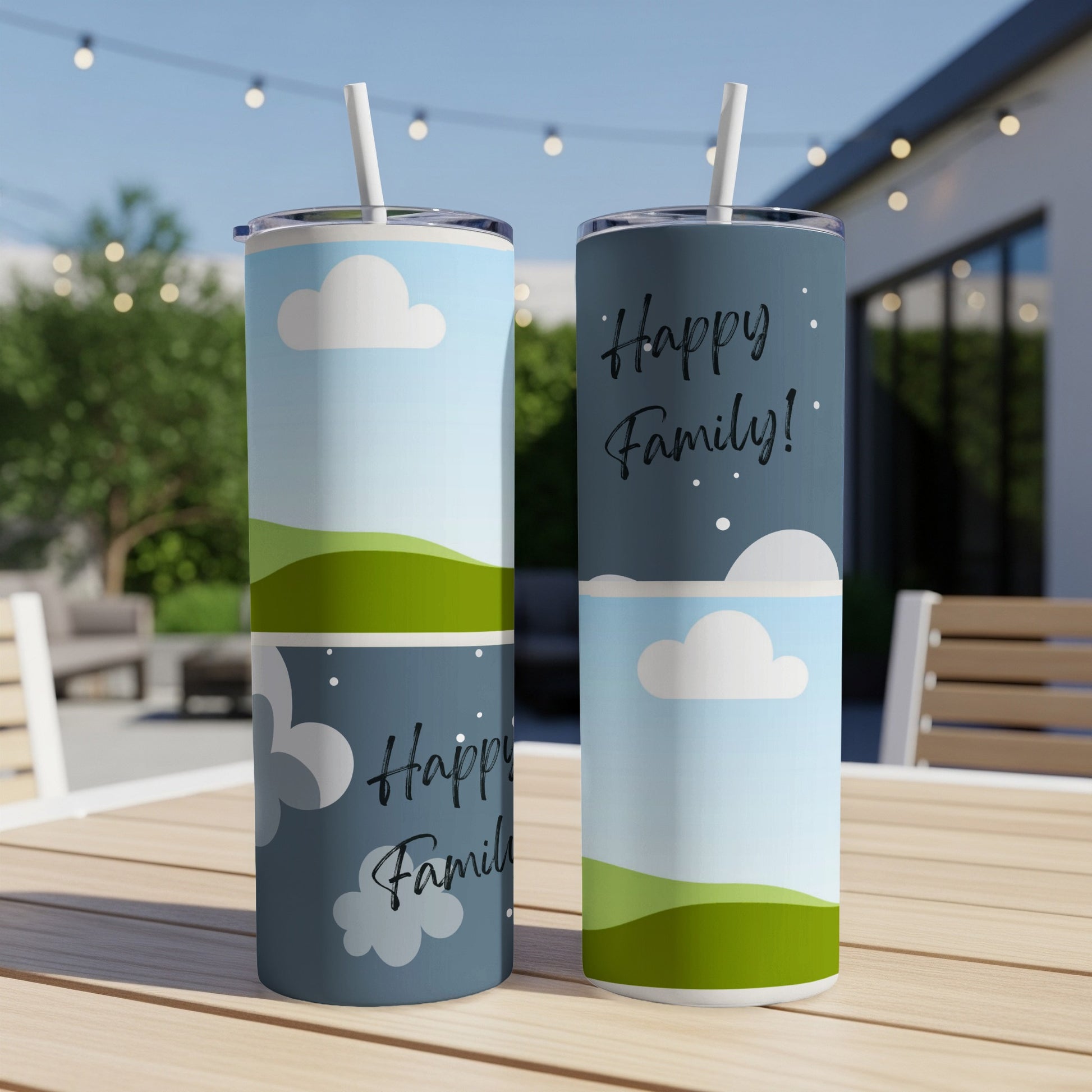 Two tumblers with clouds, hills, and the text "Happy Family!".