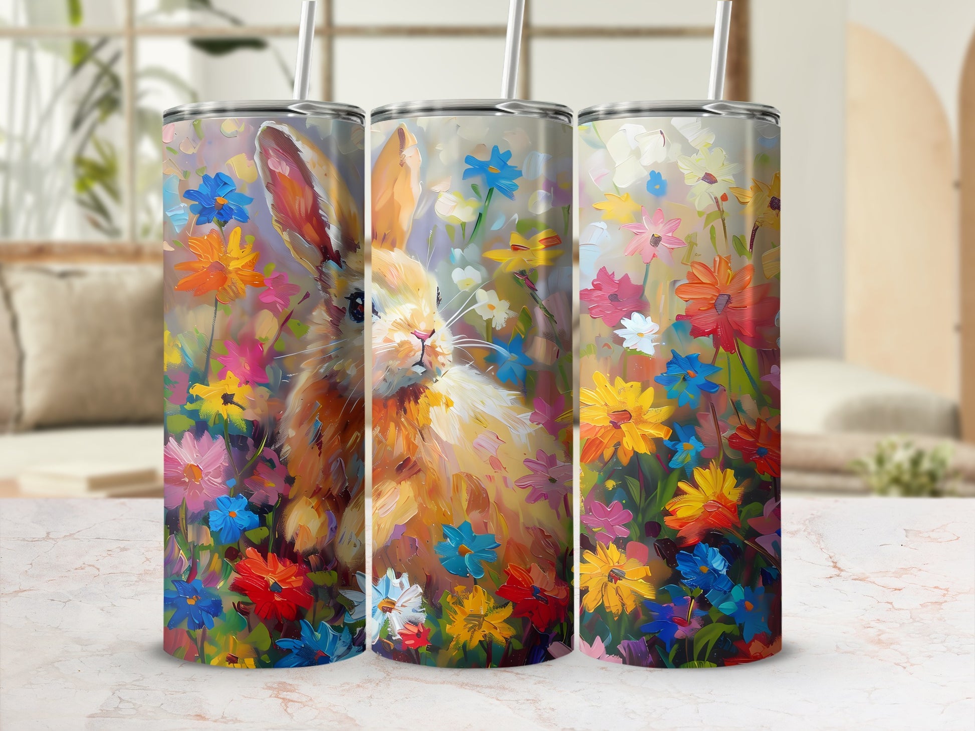 Three tumblers with a painterly rabbit in a field of colorful flowers.
