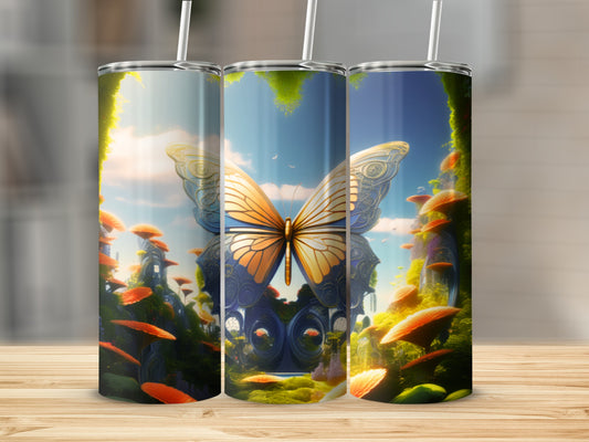 Butterfly and glowing mushrooms on fantastical landscape tumbler.