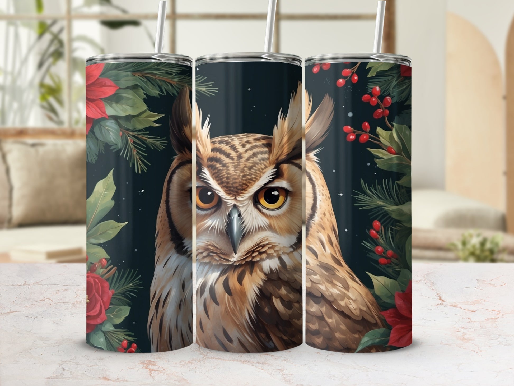 Great Horned Owl with poinsettias and pine branches on a dark background.